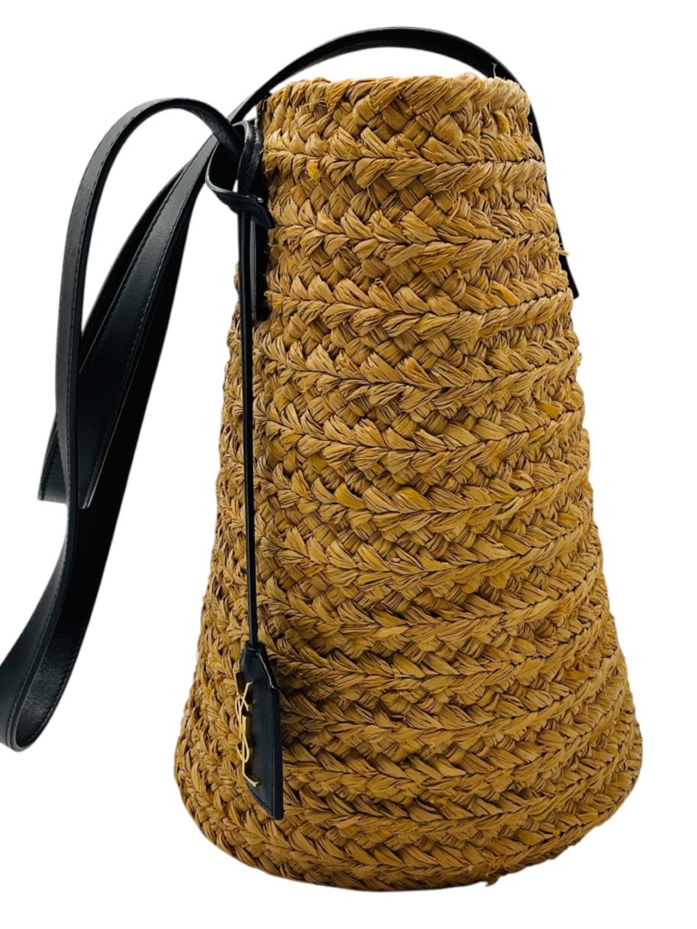 SAINT LAURENT NATURAL / BLACK PANIER BASKET SHOPPER RAFFIA SMALL TOTE BUCKET BAG - Picture 2 of 14
